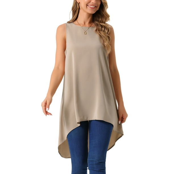 INSPIRAR CHIC Blusas sin mangas de mujer de corte asimétrico, sueltas, de cuello redondo, top de verano, talla S, color caqui