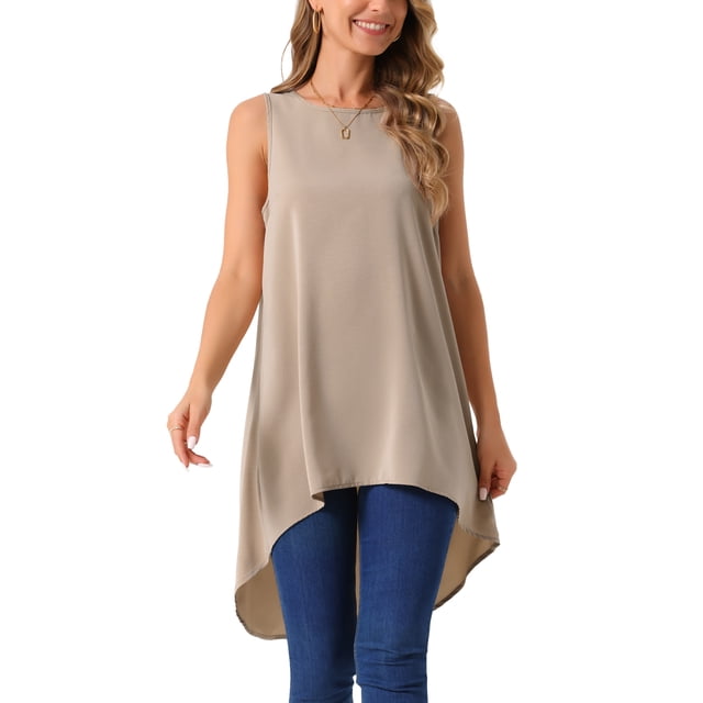 INSPIRAR CHIC Top sin mangas para mujer, cuello redondo, dobladillo asimétrico, ajuste holgado, blusa tunic alta y baja, color caqui, talla L