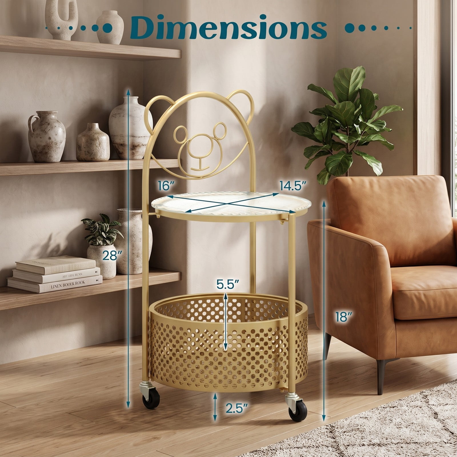 Furnibear Modern Sofa Side Table with Lockable Wheels, Round Tempered Glass End Table with Metal Storage Basket for Living Room Bedroom Study, Rolling C-Shaped, Gold