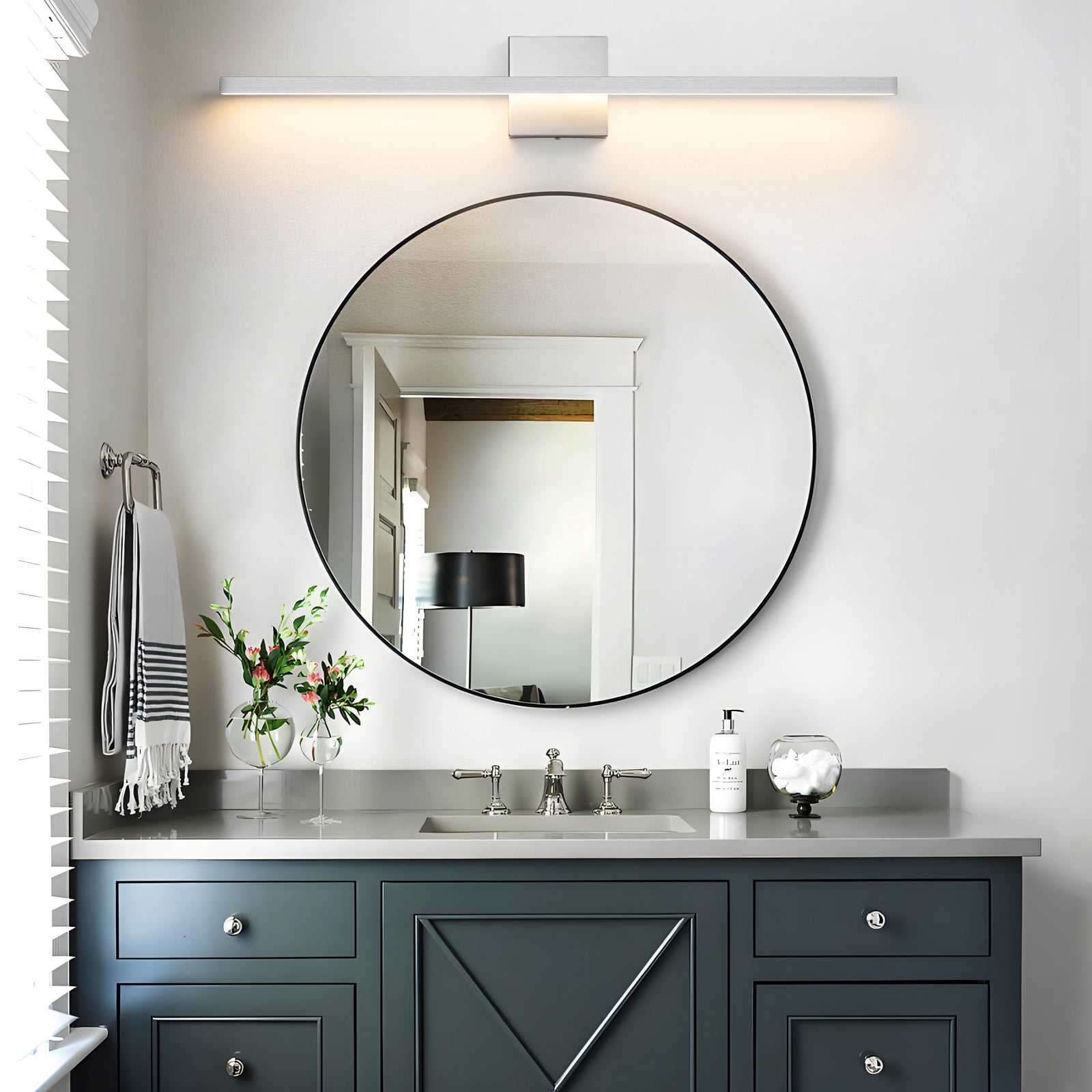 KAISITE 32 inch Modern Vanity Lights for Bathroom Lighting Fixtures over Mirror Dimmable Integrated LED Brushed Nickel , Silver, 3500K Warm Light