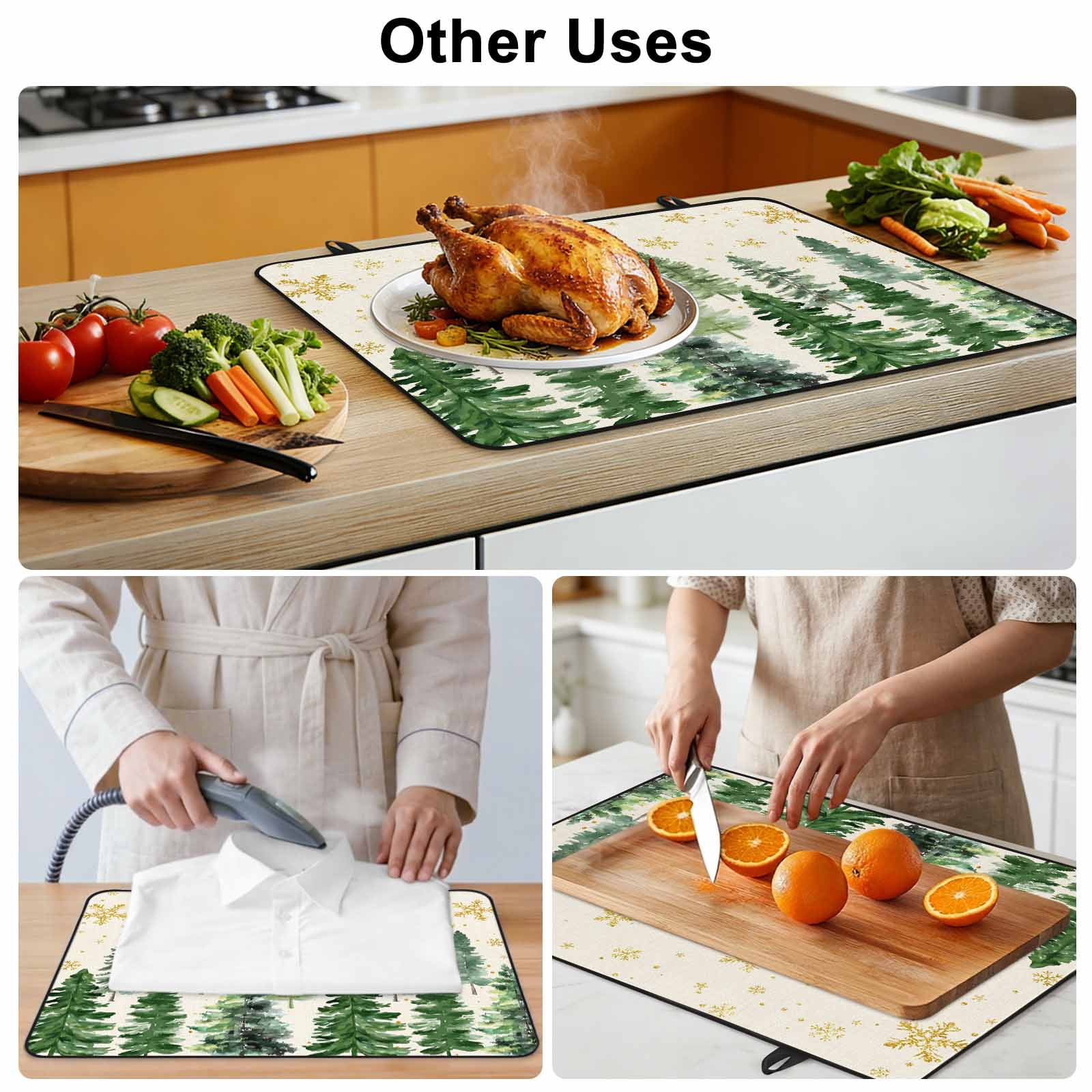 Rustic Christmas Tree Stove Top Cover for Electric Stove, Heat-proof & Non Slip Glass Top Stove Cover Protector, Winter Watercolor Gold Snowflakes Kitchen Flat Cooktop Rubber Mat 24x21 Inches