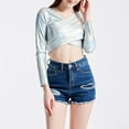 thumbnail image 2 of Hauts Métalliques pour Femmes 2026 Tendance Manches Longues Col en V T-Shirt Court Ajusté Y2K Sortie Tenues Rave, 2 of 7