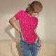 thumbnail image 3 of Balery Rose Red Glitter Body de cuello redondo de manga corta para mujer Tops de manga corta Tops básicos-X-Large, 3 of 7