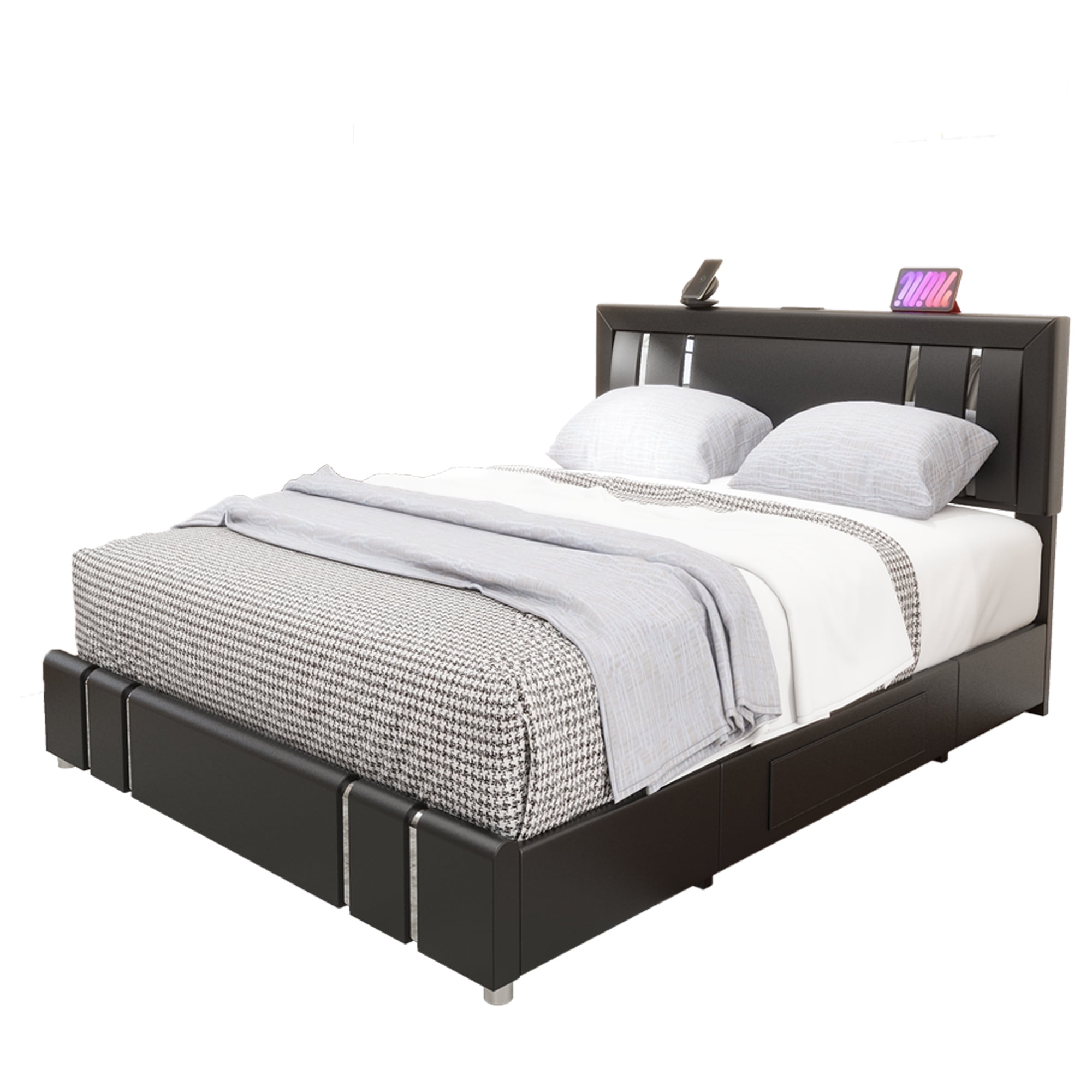 Dextrus Modern Queen Size Bed Frame with Adjustable Upholstered Headboard, LED Lighting, and Storage Drawers, Sleek Black Platform Bed with Metal Accents, No Box Spring Needed