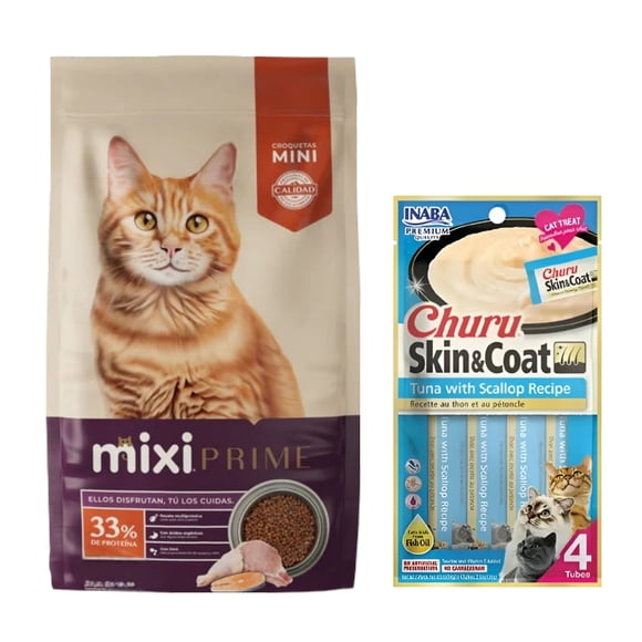 Mixi Prime 3 Kg + Churu Skin&Coat Atún y Vieira Snack 4 tubos de 14g