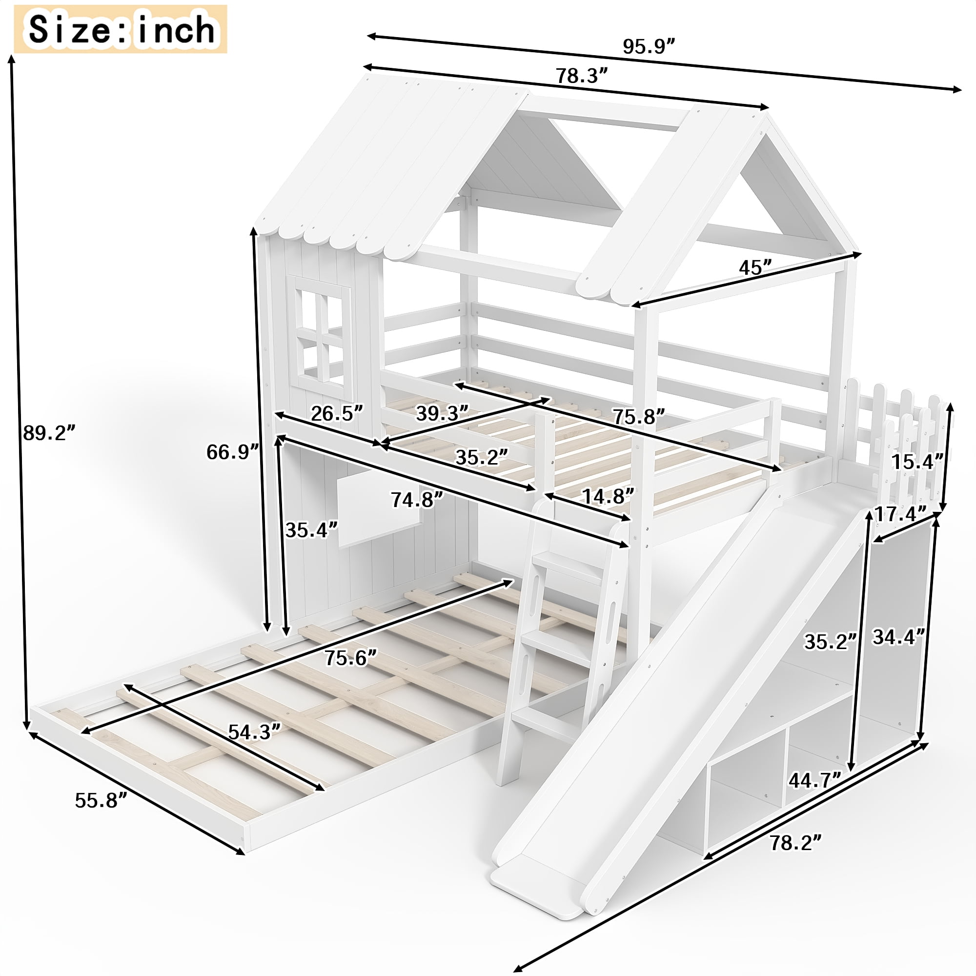 Twin over Full House Bunk Bed with Slide & Ladder, Wood Playhouse Bunk Bed with Storage Shelves & Wardrobe, Floor Bunk Bed for All Ages, White