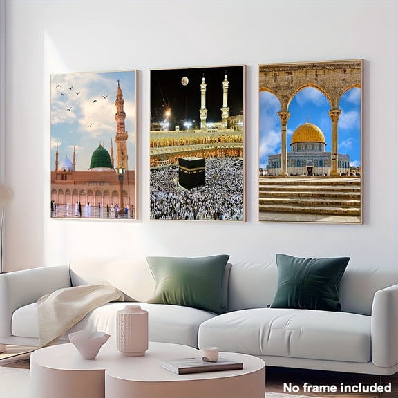[2D Flat] 3pcs, 2D Frameless Canvas Art, 3pcs Decorative Paintings, Multiple Sizes, Three Islamic Wall Art Prints - Hajj, Kaaba, and Dome Mosque, 3 Islamic Oil Painting Prints - Hajj, 2D Flat, Perfe