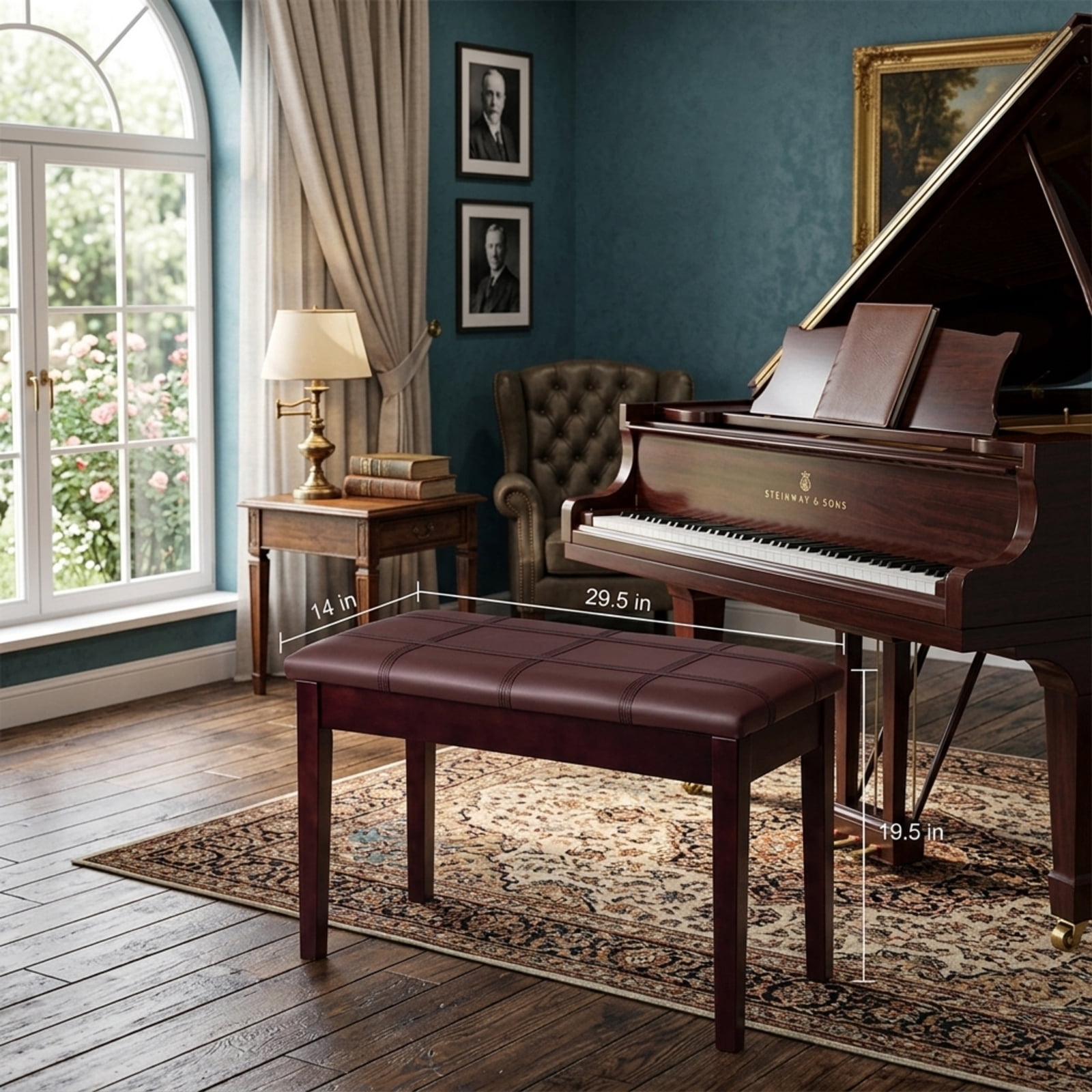 Furnibear Solid Wood Duet Piano Bench with PU Leather Padded Seat and Under Seat Storage for Two Players Keyboard Music Studio Home, Brown