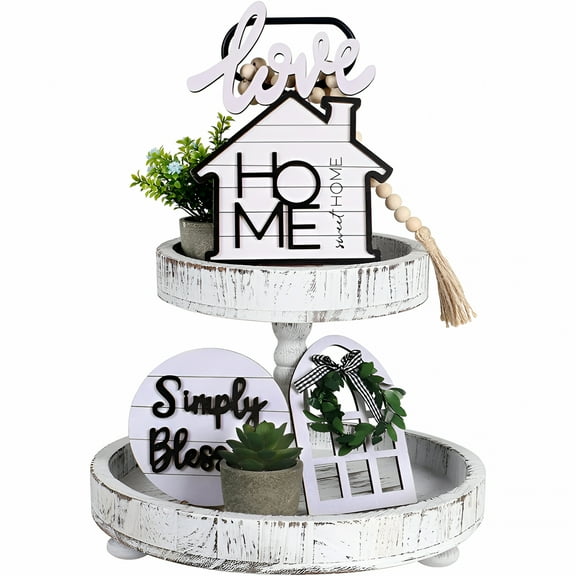 LAMIRO Rustic Farmhouse Tiered Tray Decor Set - Wooden Beads, "Home Sweet Home" Sign, for Kitchen Table/Shelf/Cabinet Decoration, Rustic Charm, Housewarming Gift