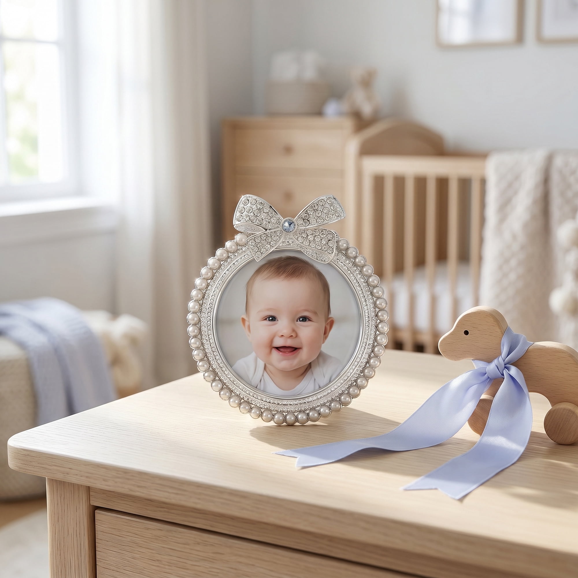 Unique Bargains Bow Picture Frame Cute Pearl Photo Frame with HD Glass Gray 2.95"x 2.95"