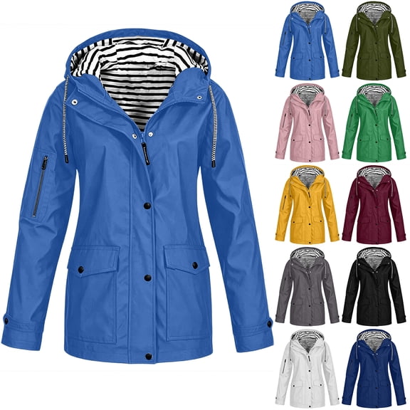 Otntypg Raincoat Women Lightweight Snap Button Full Zip up Long Sleeve Rain Jacket Waterproof Drawstring Long Hooded Trench Coats Hiking Outdoor Windbreaker Travel Jacket with Pockets