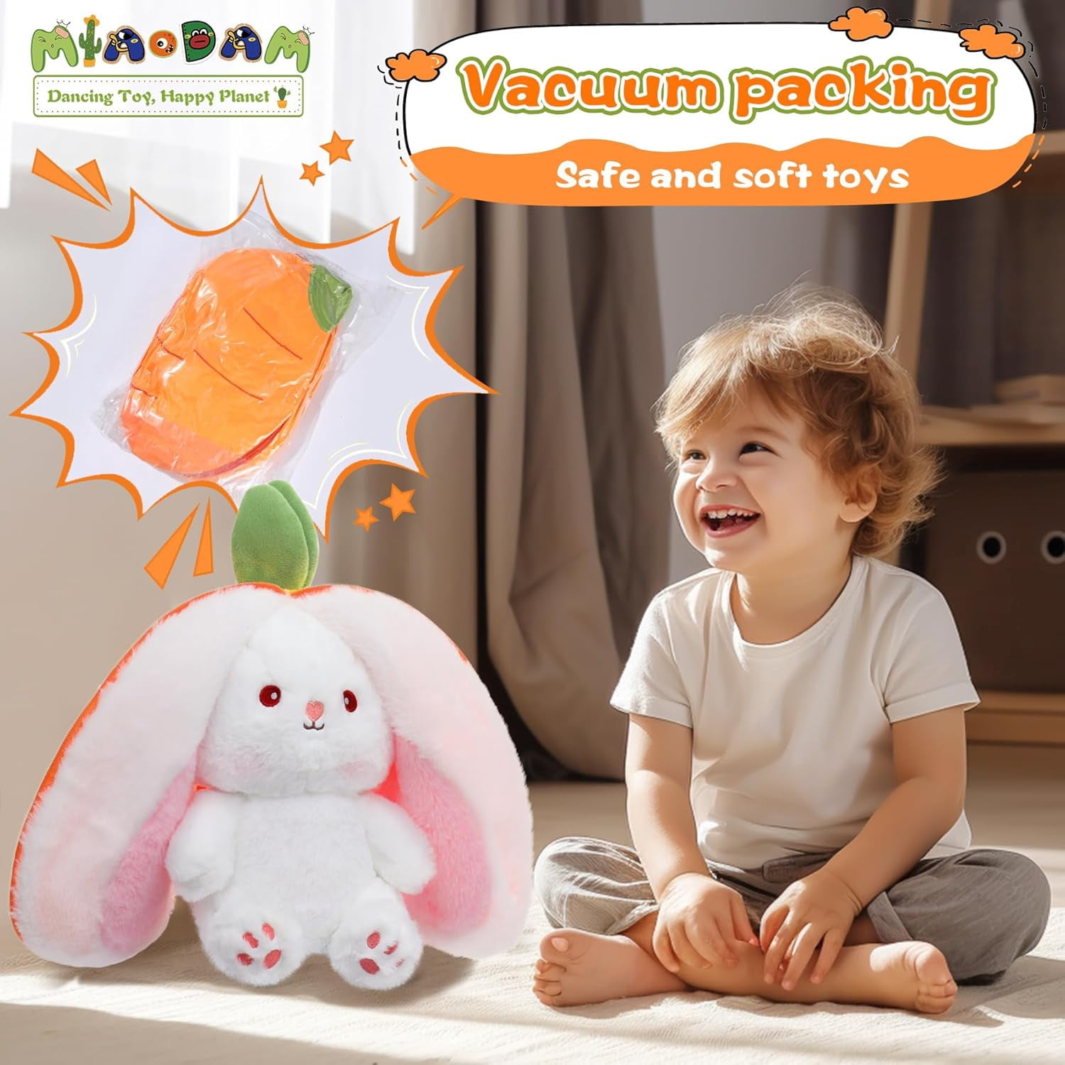 13.7 inch Easter Bunny Stuffed Animal, Kawaii Squishy Cute Easter Bunny Plush Turn Into Rabbit Fruit Doll Carrot Strawberry Pillow, Plushies Funny Bunny Toy for Baby