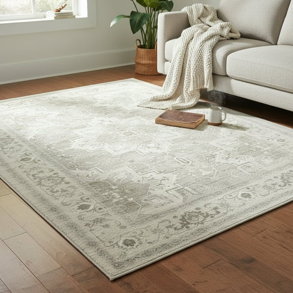 EDX Collection Decorative Rug - 8' x 10', Pattern Distressed Design, Non-Shedding - Easy Care-Machine Washable, Ideal for Entryway, Living Room, Bedroom-Beige