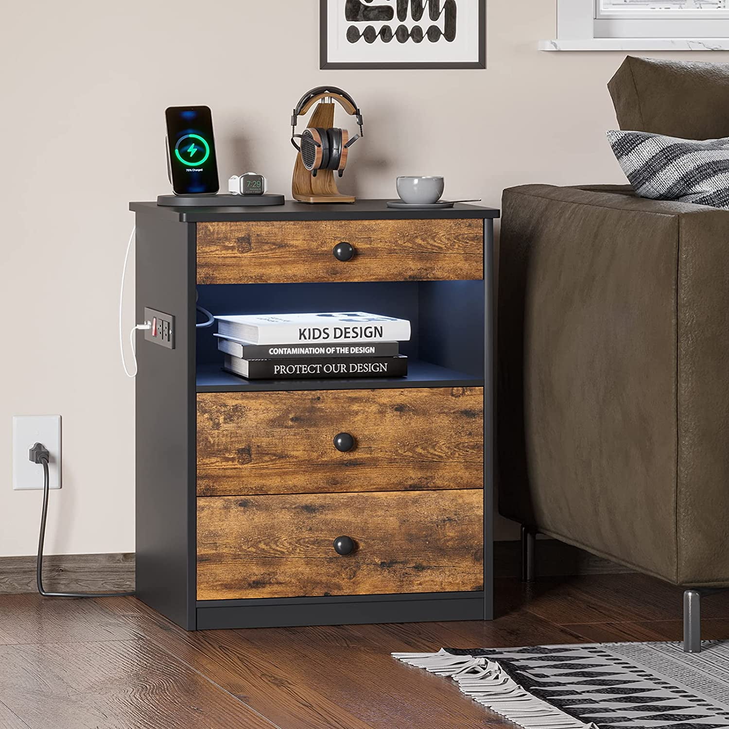 ADORNEVE 3 Drawers LED Light Nightstand with Charging Station, Storage
