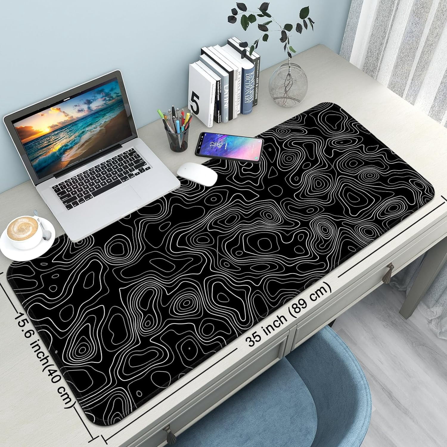 Desk Mat,Large Gaming Mouse Pad 35''×15.6''×0.12'' XXL Extended Mouse Pad Mat Desk Pad with Non-Slip Base Mousepad for Computer,Office,Keyboard and Laptop - Topographic A