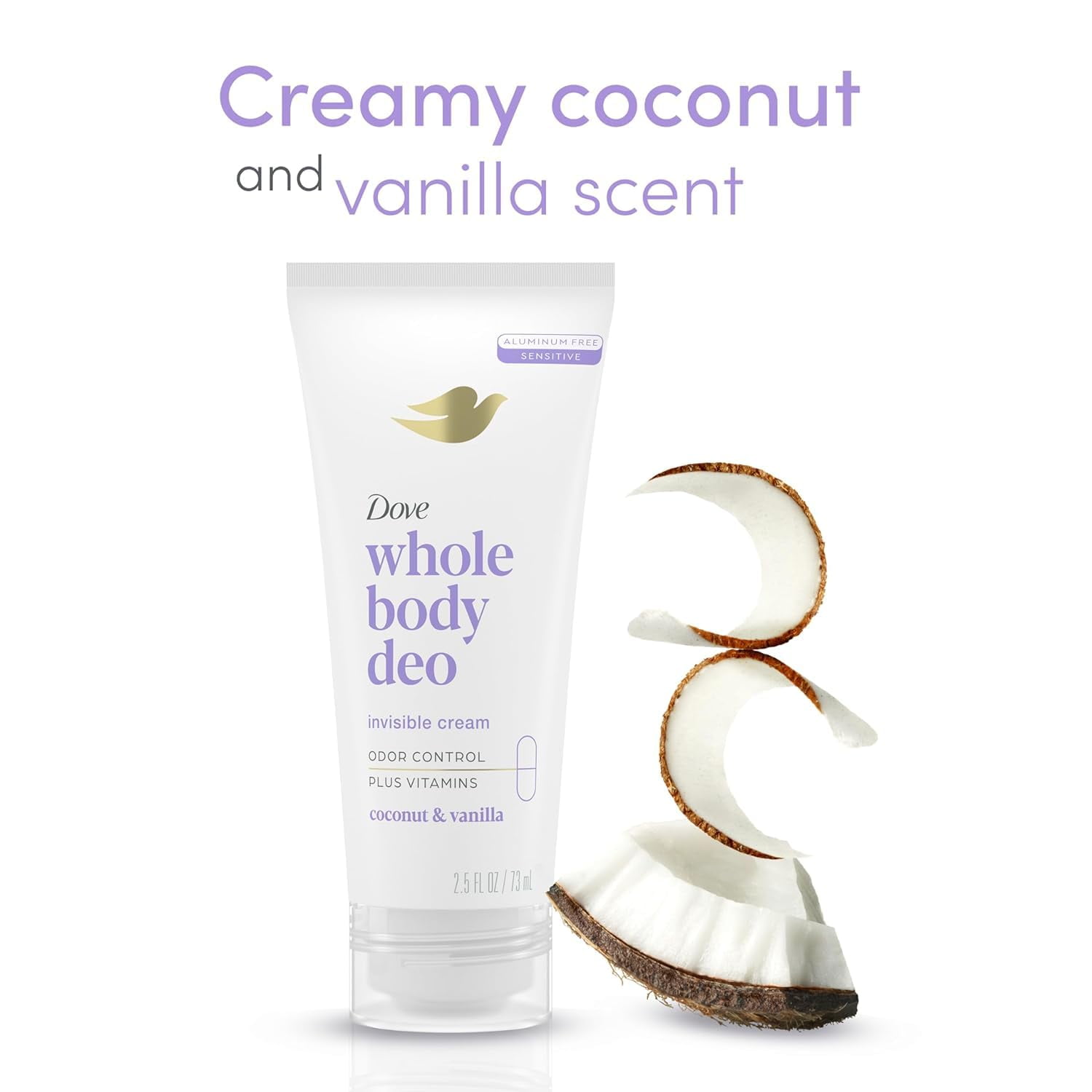 Dove Whole Body Deo Aluminum Free Invisible Cream Deodorant Coconut & Vanilla for 72h Odor Control, 2.5 oz (Pack of 2)