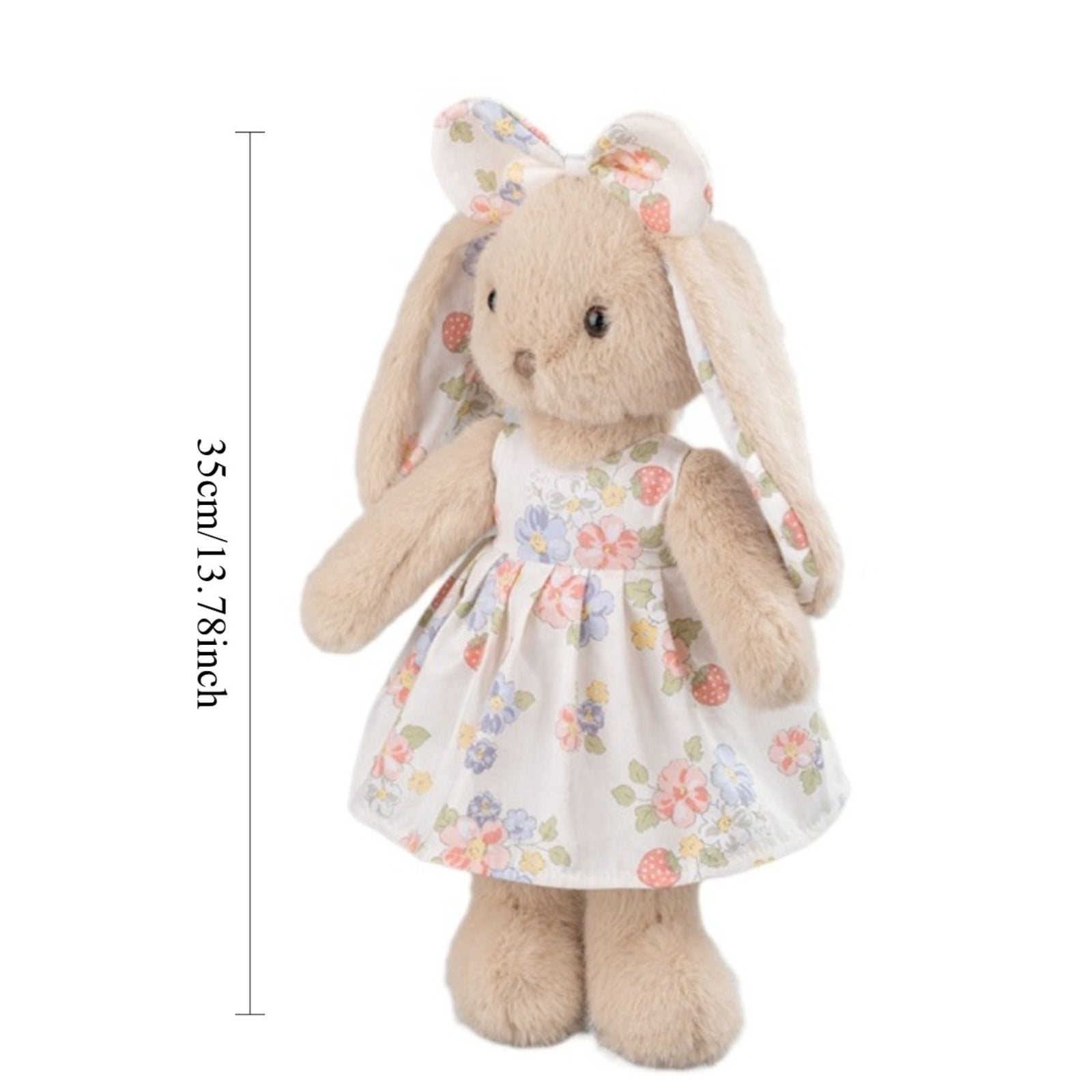 Beige Bunny Plush Toy with Floral Dress, Soft Rabbit Plush Doll for Cozy Home Decor