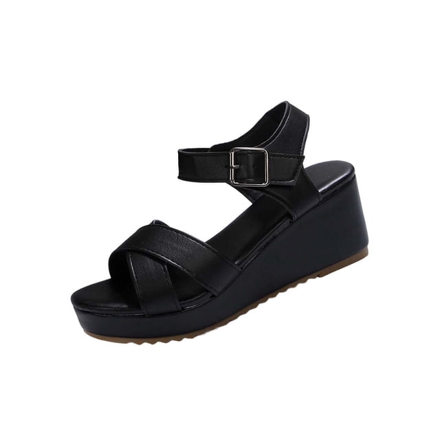 Negro Correa de Tobillo Sandalias de Moda Desgaste Casual Versátil Color Sólido Redondo Pie Tacones de Cuña de Pie Abierto para las Mujeres