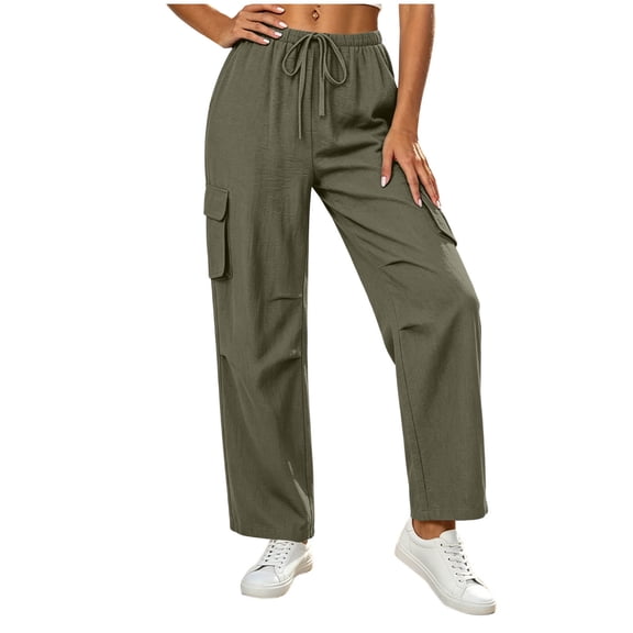 Mifsaly Lightweight Cargo Pants for Women Cotton Linen Elastic Waist Drawstring Causal Summer Pants with Multi Pockets Loose Relaxed Fit Outdoor Lounge Outfits Army Green,L