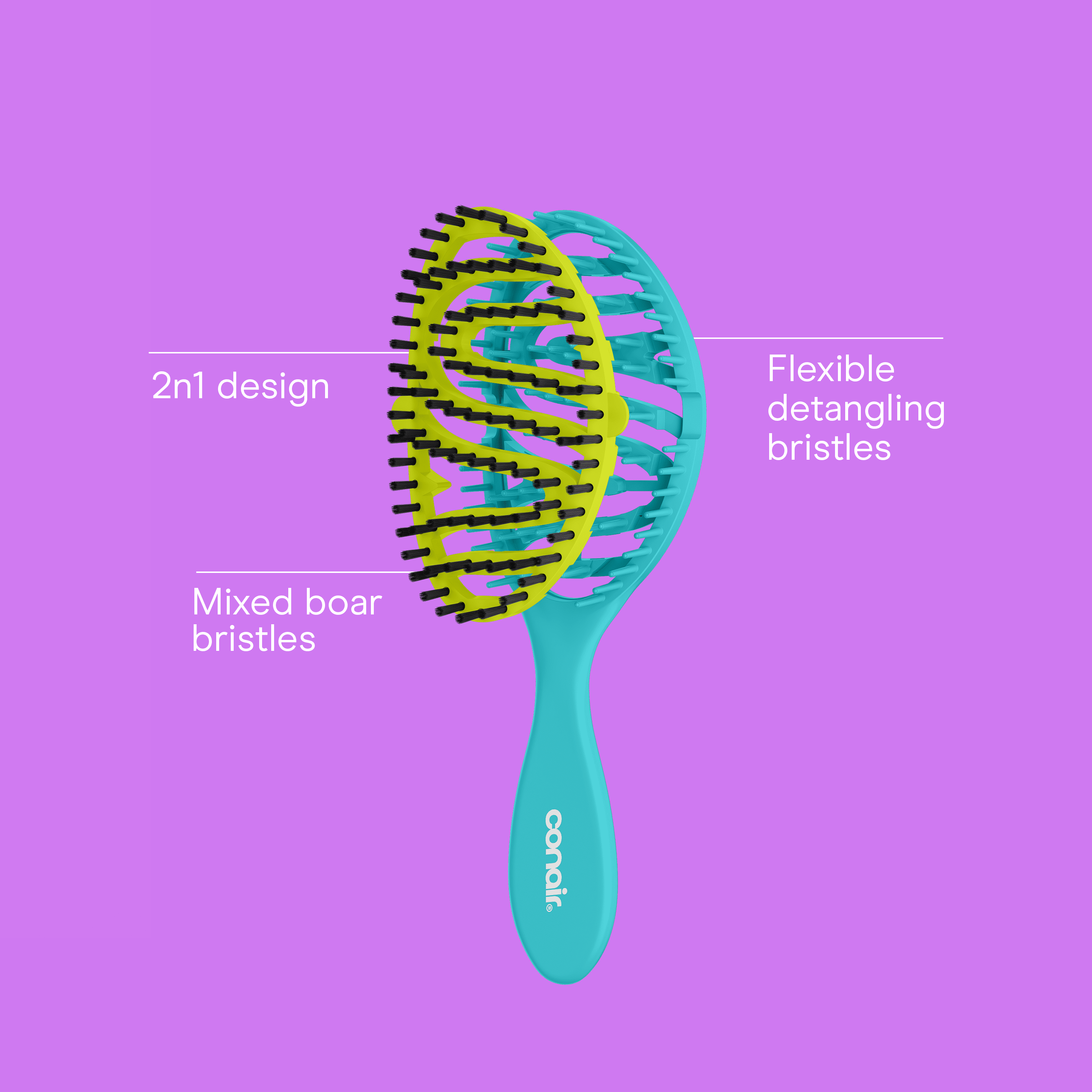 Conair 2n1 DTNGLR Detangle and Shine Brush with Pop-On Boar-Bristle Attachment, 1 Count