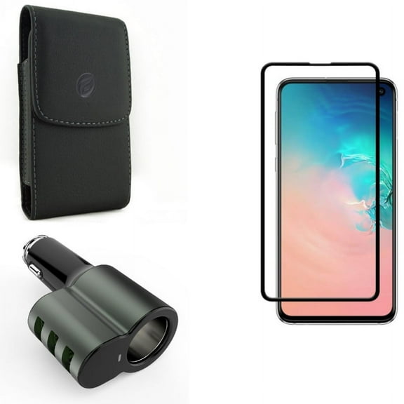 Galaxy S10e Screen Protector w Case Belt Clip w Car Charger - Tempered Glass 5D Curved Edge, Leather Holster Cover, 25W 3-Port USB 5.1Amp for Samsung Galaxy S10e Phone