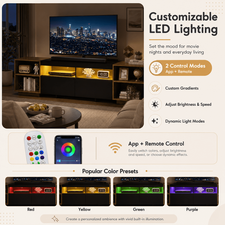 Lacoo 70 Inch TV Stand with LED Lights and Charging Station, Entertainment Center for 43-75 Inch TVs, Media Console with 2 Drawers, Adjustable Shelves and Modular Storage, Black and Brown