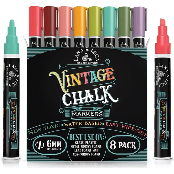 Liquid Chalk Markers for Blackboards - Wet Erase Marker Pens - Chalk Markers for Chalkboards Signs, Windows, Blackboard, Glass - 6mm Reversible Tip (8 Pack) - Vintage Colors Multicolor