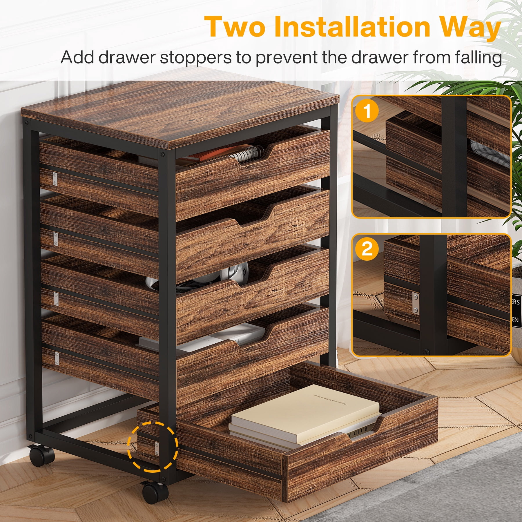 Tribesigns 5 Drawer Chest, Wood Storage Dresser Cabinet with Wheels, Industrial Storage Drawer Organizer Cart for Office Bedroom Entryway, Rustic Brown