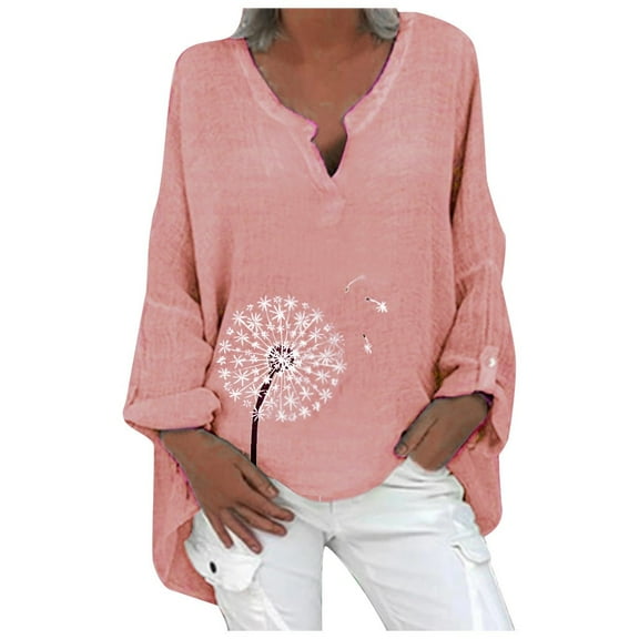 Lyinloo Plus Size Women Casual Long Sleeve Floral Print Loose V-neck Shirt Blouse Top Pink M