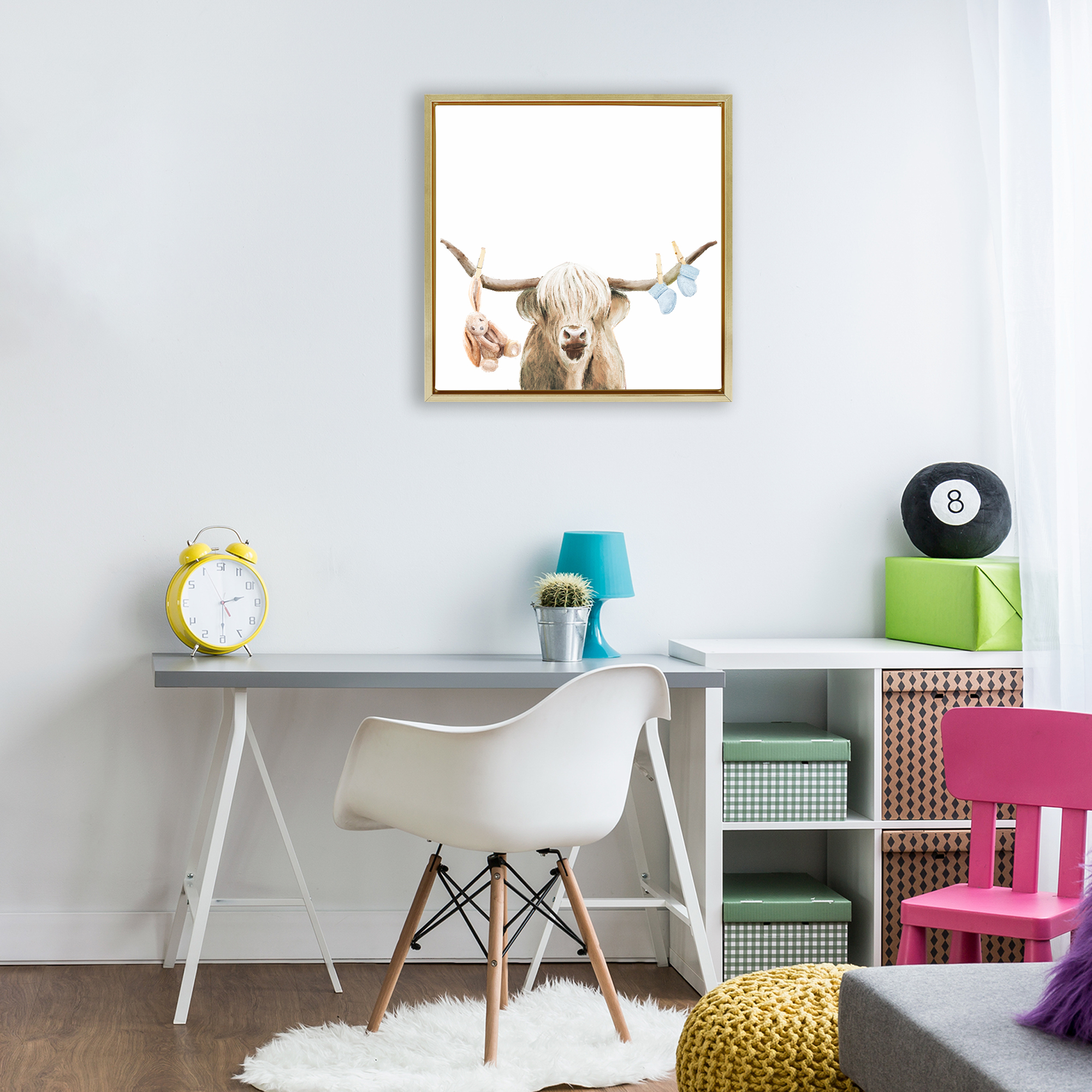 Highland Cow Baby Boy Gold Framed Floater Canvas Wall Art, design by Ali Lynne