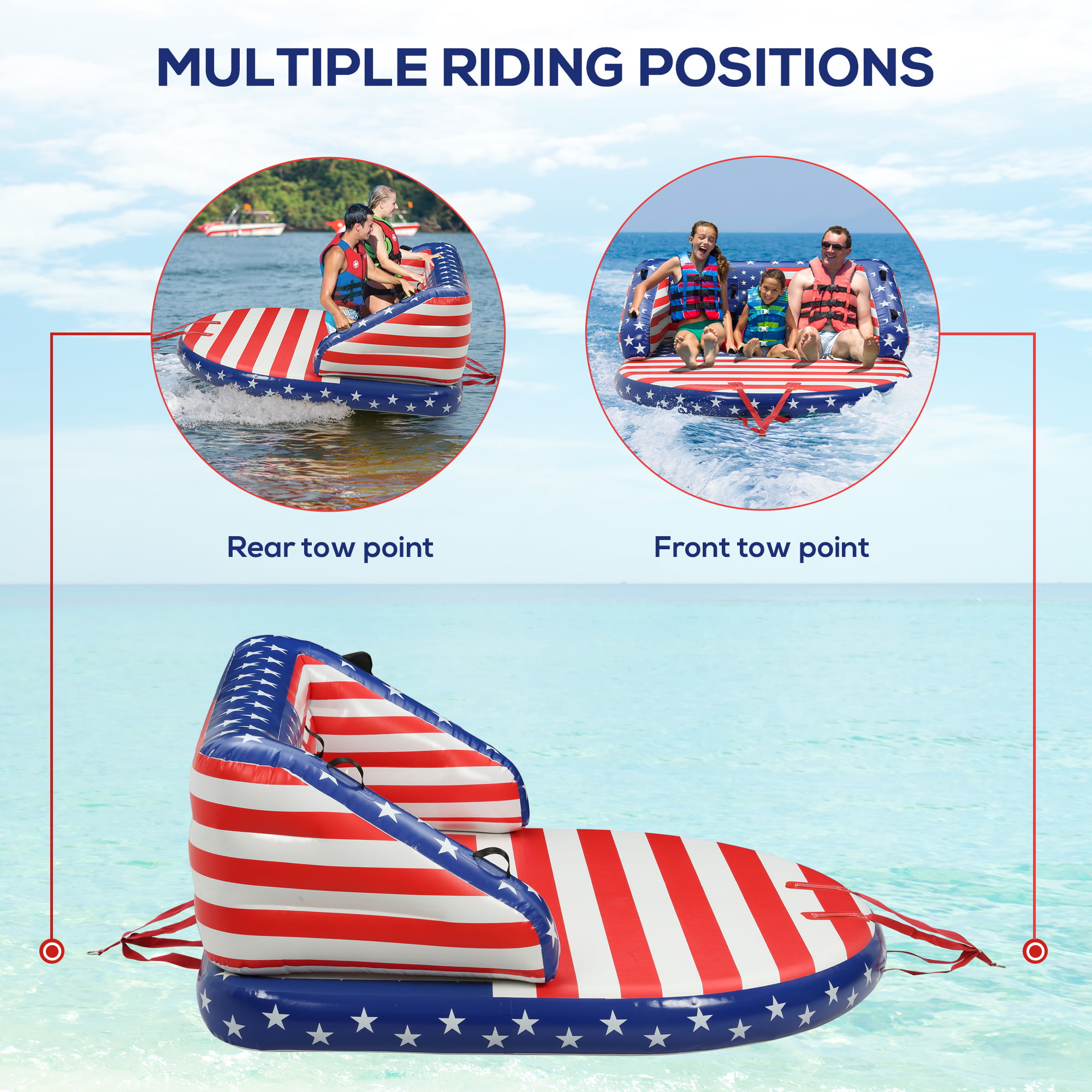 Outsunny 3 Rider Towable Tube Boating Accessories, Spacious Family Size Inflatable Deck Seat w/ Front and Back Tow Points for Multiple Riding Positions Water Sports - 1