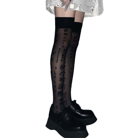 

Women Punk Black Thigh High Stockings Harajuku Japanese Letter Lolita Long Socks