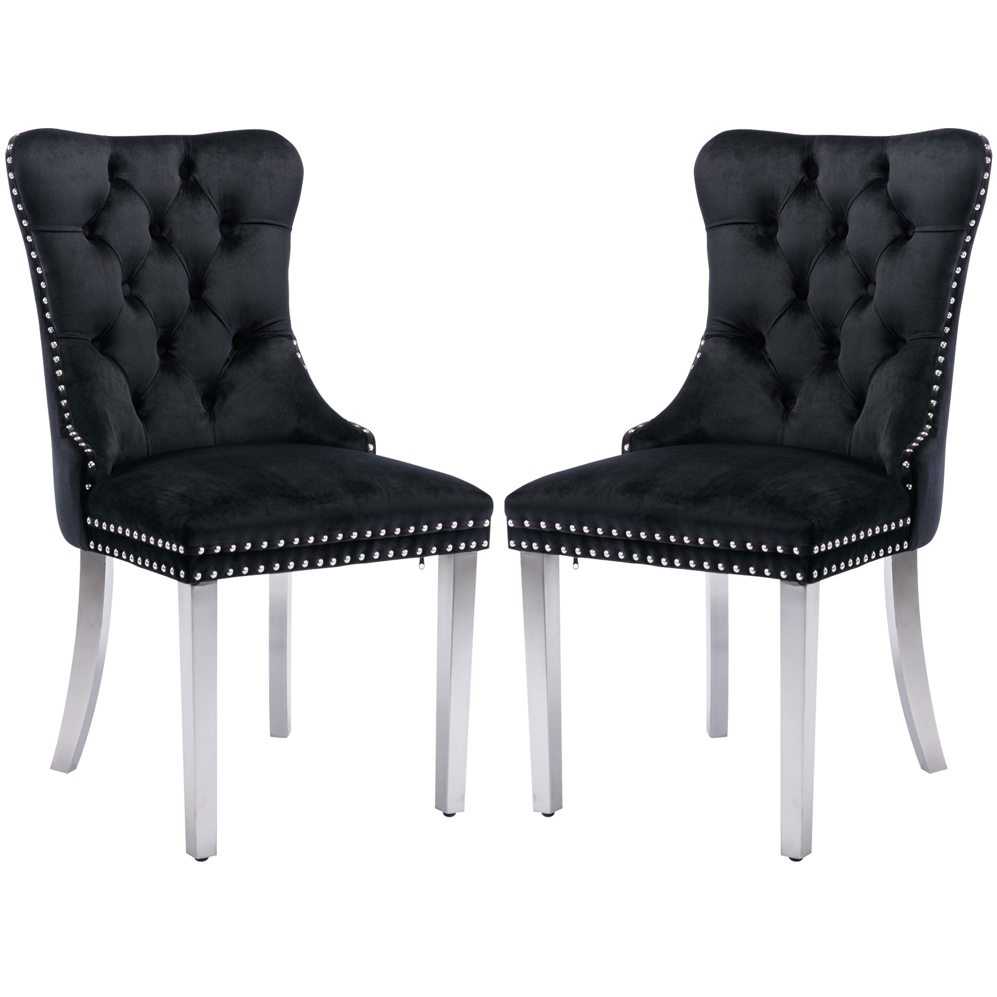 LegaHome Dining Chairs Set of 2, Modern Upholstered Velvet Dining Room Chairs with Nailhead Trim and Chrome Stainless Steel Plating Solid Wood Legs, Tufted Button Padded Chairs Set for Kitchen, Black