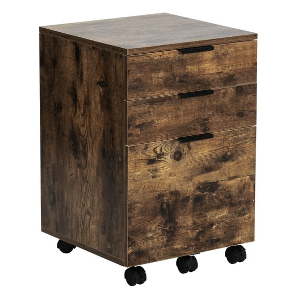 3 Drawer Mobile Wooden Filing Cabinet, 23.6" Deep Rolling Vertical File Cabinet with Hanging Rail Fits A4 and Letter-Size File, Rustic Brown