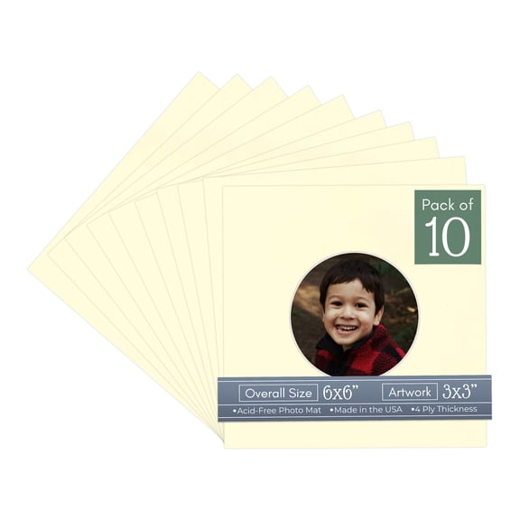Off White Picture Frame Mat for 6x6 Frames - Circle Opening for 3x3 Photos - 10 Mats