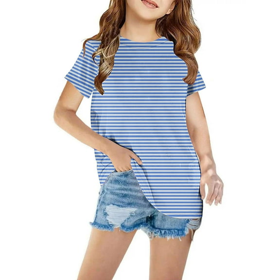 Cethrio Kids Girls Casual T-Shirts, Short Sleeve Stripe Crew Neck Summer Tops Sky Blue Size 5 T