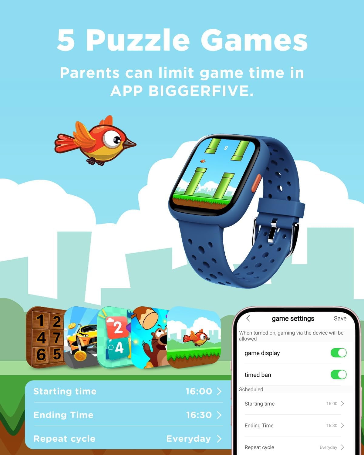 BIGGERFIVE Smart Watch for Kids No APP No Phone Needed, 1.8" Fitness Tracker Watch Pedometer, Sleep Monitor, IP68 Waterproof, Step Counter, Puzzle Games for Girls Boys Teens 5-16, Blue