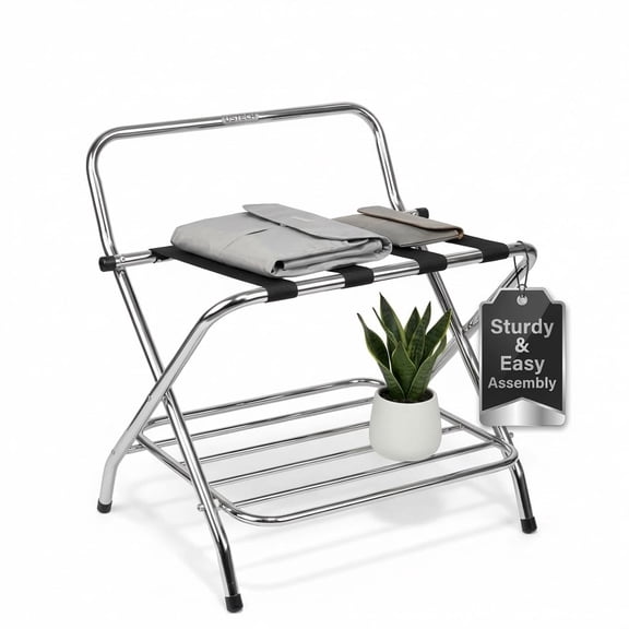 USTECH Double-Tier Luggage Rack with High Back, Chrome Foldable Suitcase Stand for Guest Room, Bedroom, Hotel, or Closet – Easy Self-Assembly & Space-Saving Design