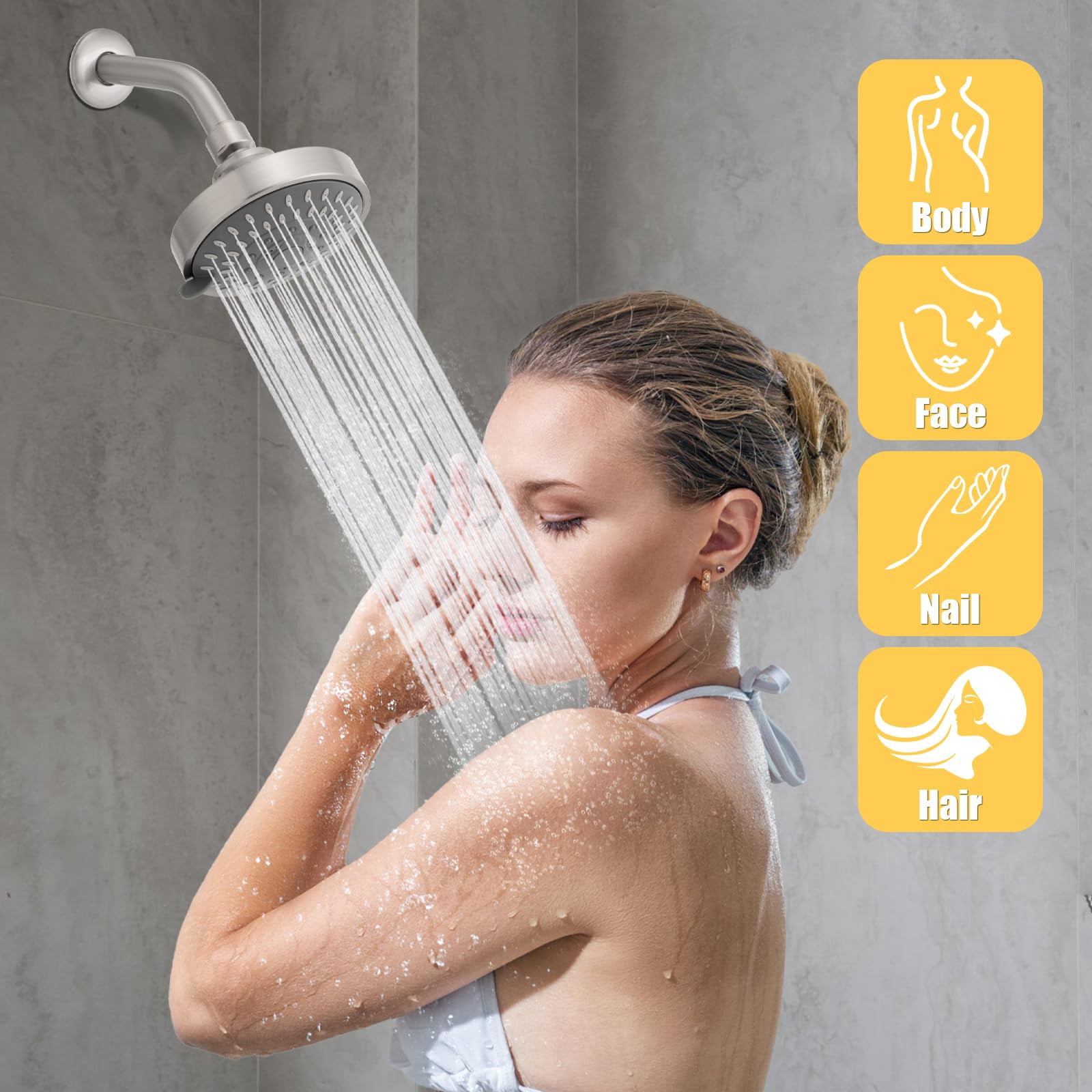 Shower Head High Pressure Rain Fixed Showerhead 5-Setting with Adjustable Metal Swivel Ball Joint - Relaxed Shower Experience Even at Low Water Flow & Pressure