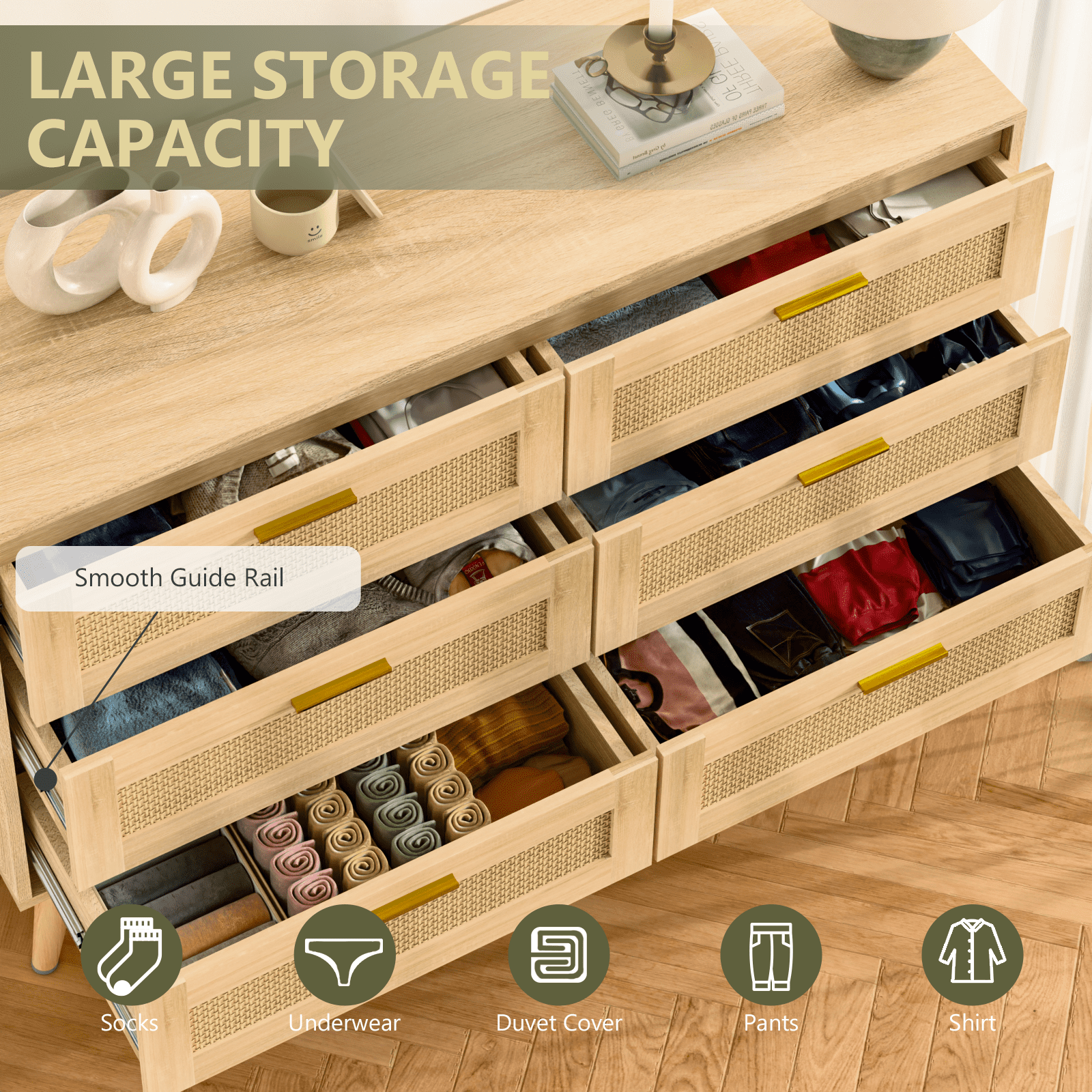 Waleaf 6 Drawer Dresser for Bedroom,Rattan Modern Closet Dressers Chest of Drawers,Beside Table for Entryway, Living Room, Hallway, Bedroom