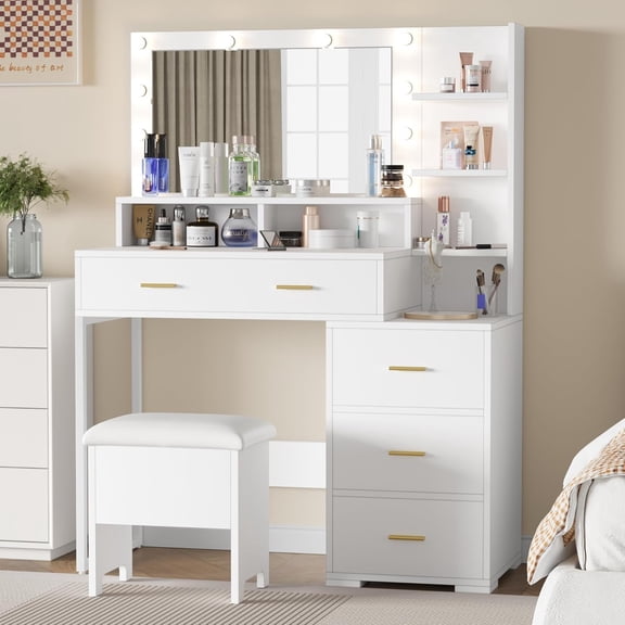 Garvee Makeup Vanity Desk with Mirror & Lights – Vanity Set with 3 Adjustable Lighting Colors, 4 Large Drawers, Cushioned Chair, White Dressing Table for Women & Girls