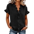 thumbnail image 2 of Women's Linen V-Neck Short Sleeve Blouse with Ruffled Hem for Casual Summer Wear, 2 of 6