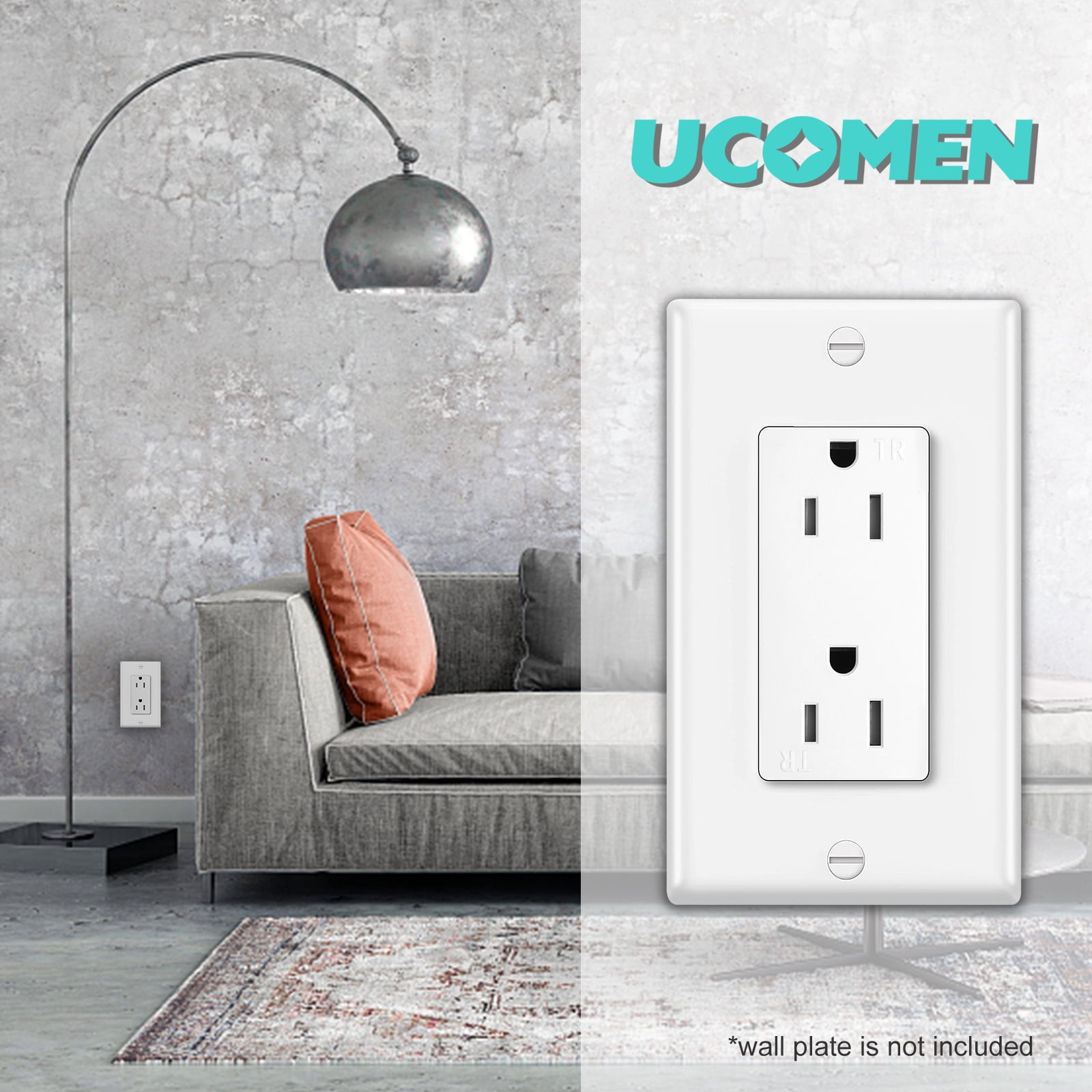UCOMEN Decorator Receptacle, Tamper-Resistant Duplex Outlet, Standard Electrical Wall Outlet, 15A, 125 V, White 6 Pack