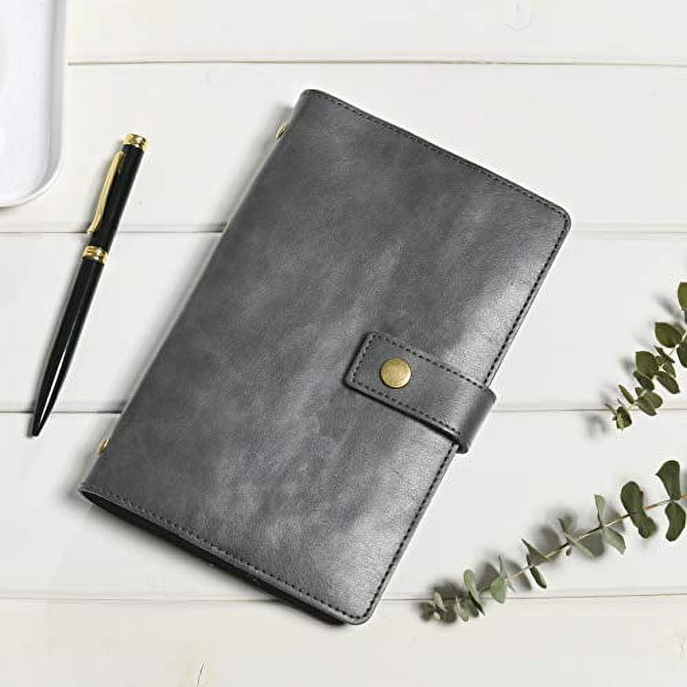 Wonderpool Leather Journal Refillable Notebook Spiral Diary Binder Portfolio - A5 Dotted Paper & Inner Pockets for Organizer (Grey, A6)