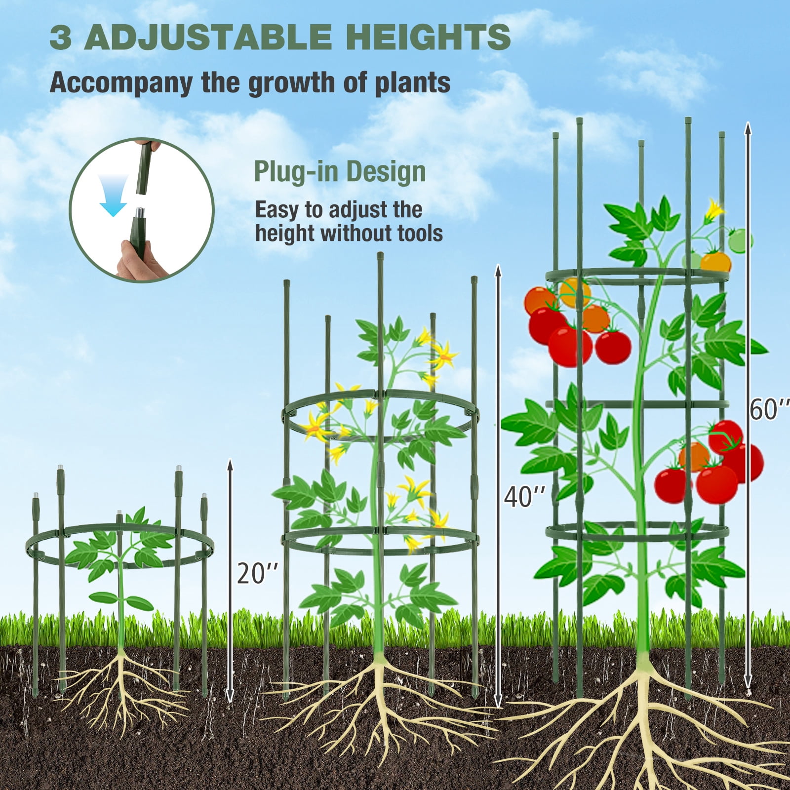 Gymax 3-Pack Garden Tomato Trellis 60'' Plant Support Cage w/ Adjustable Size for Plants