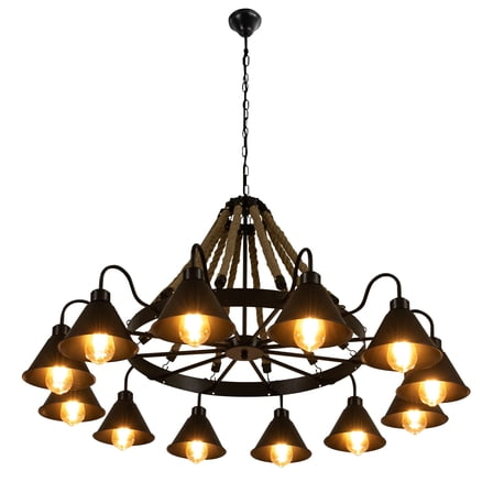 Rustic Large Pendant Light Fixture Hemp Rope Chandelier Wheel Ceiling Light