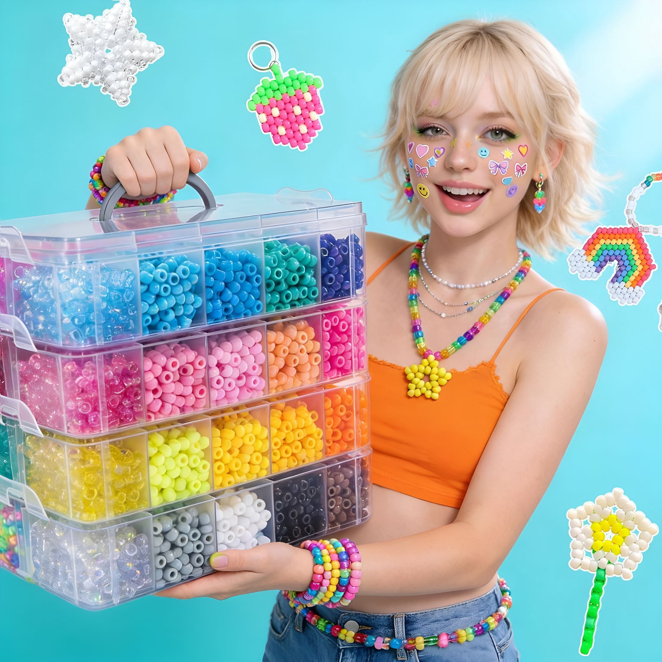 DESIGNICE 12000Pcs Pony Beads Kit,40 Colors Rainbow Beads for Bracelets Friendship with Neon Glow Beads Bulk for Hair Braiding Diy Jewelry Making Craft Kits