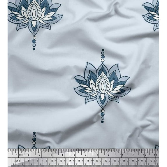 Soimoi Rayon Fabric Dot & Lotus Block Print Fabric by The Yard 42 Inch Wide