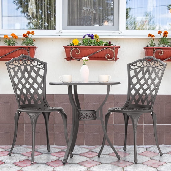 Nuu Garden 3-Piece Patio Bistro Set, Outdoor Cast Aluminum Bistro Table and Chairs Set of 2, Outdoor Patio Dining Set with Umbrella Hole for Patio Balcony, Black