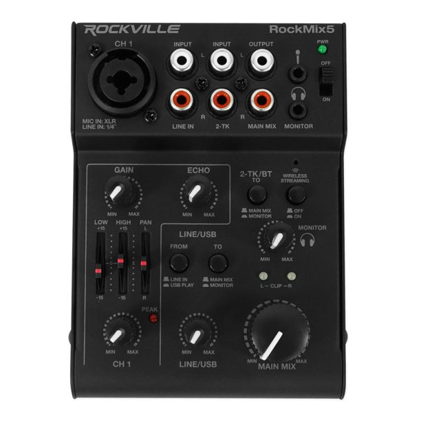 Rockville RockMix 5 Channel Bluetooth USB Podcast Podcasting Recording Mixer